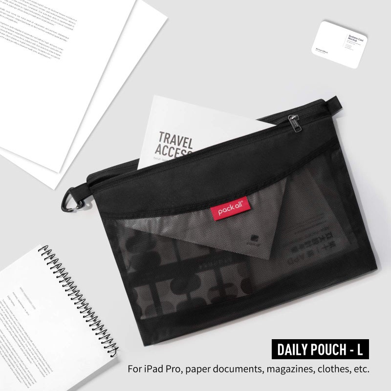 pack all 3 Pcs Water-resistant Material Zipper Pouch Set, Mesh Zipper Bags for Storage, Travel, Office (Black) - Image 4